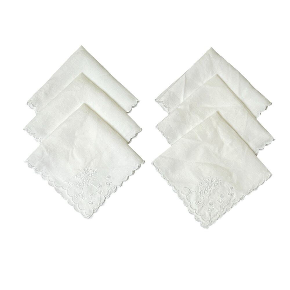 Tea Napkins Set 6 White On White Cotton Butterfly Flower Embroidery Luncheon 11"